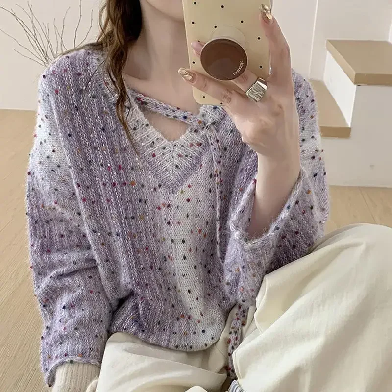 2024 нежный вязаный топ с v-образным вырезом и волнистыми точками для женщин