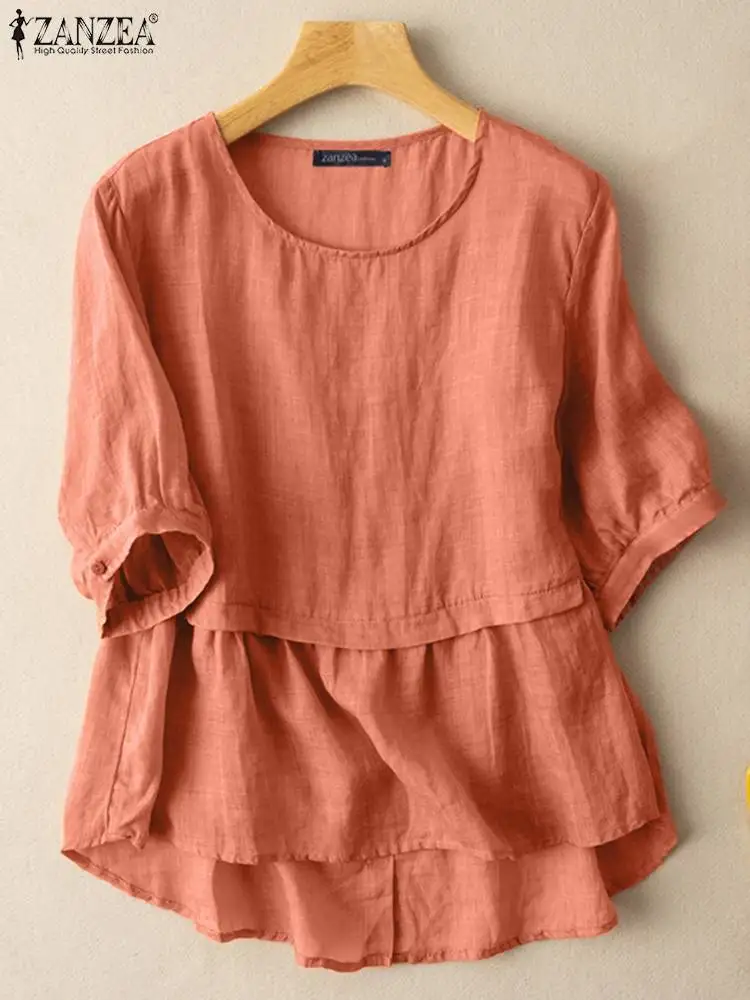

ZANZEA Summer Solid Color Women Blouse Elegant Casual Tunic Vintage Holiday Cotton Chemise 3/4 Sleeve O Neck Cotton Shirt Tops