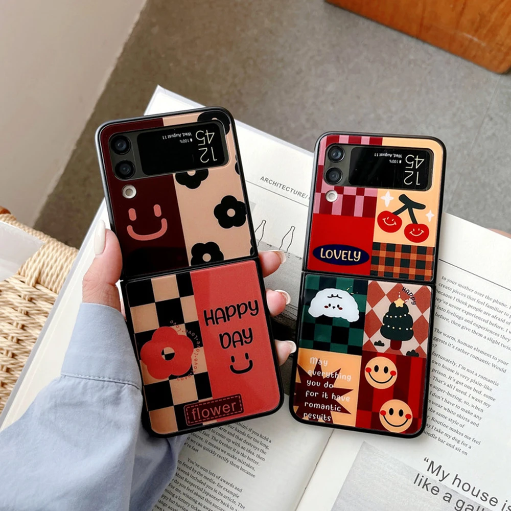 

Retro Flower Splicing Glass Painting Phone Case for Samsung Galaxy ZFlip3 5G Hard PC Back Cover for ZFlip3 Case Protective Shell