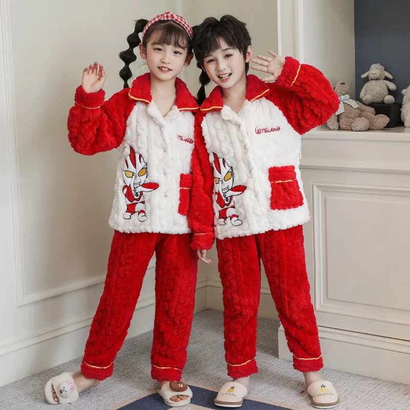 Ультрамен Супермен осенне-зимние утепленные детские пижамы из кораллового флиса