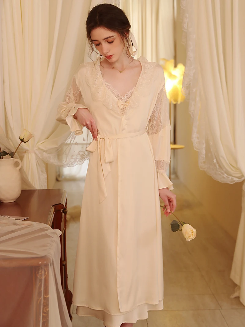 French Silk Robe Backless Nightdress Spring Feminine Lace Sexy Two-piece Sleepwear Set Victorian Pajamas for Women Home Clothes