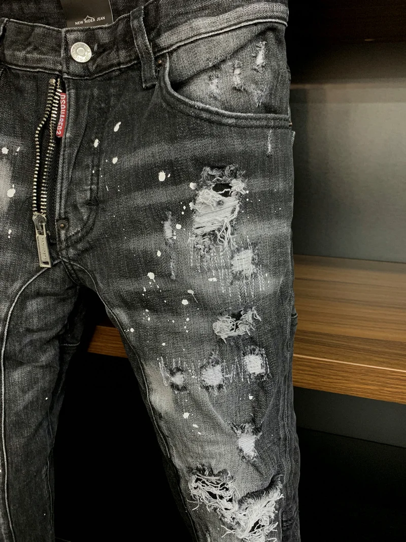 New Men's Dsquared2 Buttons Jeans Ripped For Male Skinny  Pants Men's Denim Trousers Top Quality Slim Jeans A395