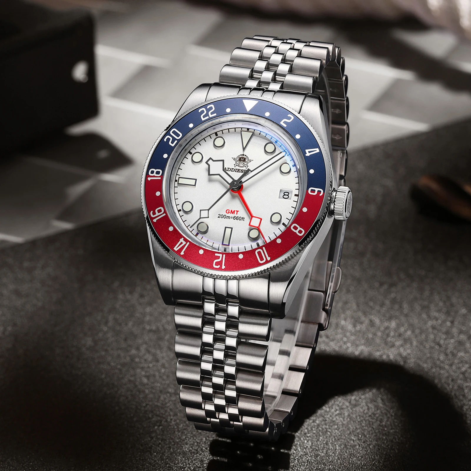Фото ADDIESDIVE Мужские часы GMT Роскошные повседневные кварцевые часы из нержавеющей стали Мужские спортивные водонепроницаемые наручные часы 200 мм Relogio Masculino №5