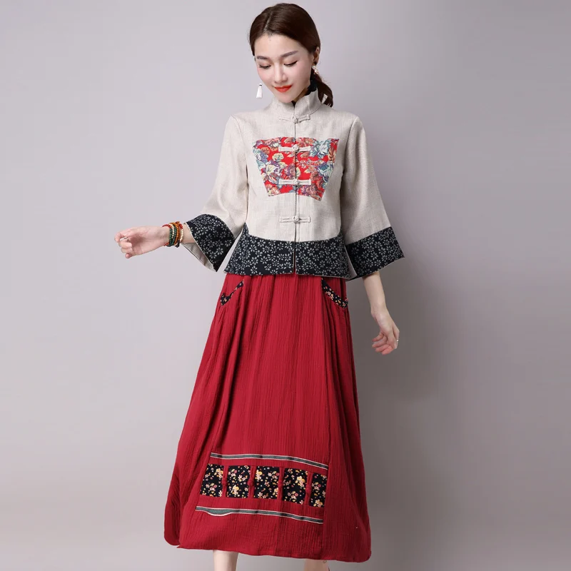 

2colors Women Elegant Chinese Style Retro Cheongsam Tops Hanfu Skirts Fashion Lady Zen Tea Qipao Oriental Clothing Set Tang Suit