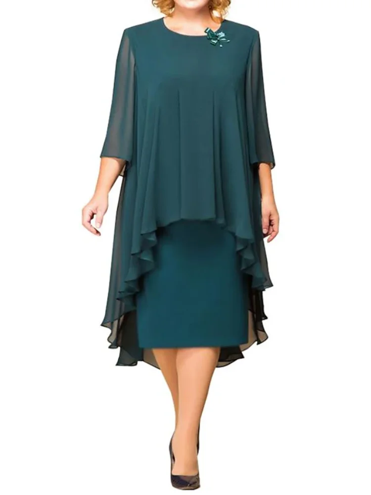 

Sheath Mother of the Bride Dress Knee Length Chiffon 3/4 Length Sleeve with Ruffles Ruching Evening Gown