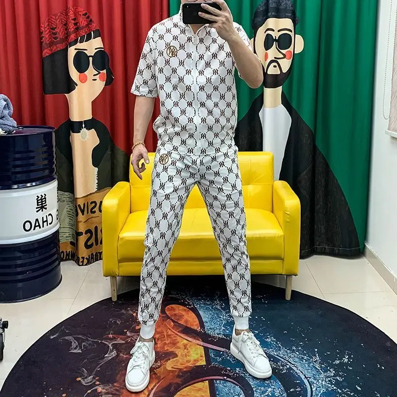 Men's Ice Silk Casual Print Suit Summer New Fashion Trend Zipper Stand-Up Collar Cardigan Top Trousers Two-Piece Set