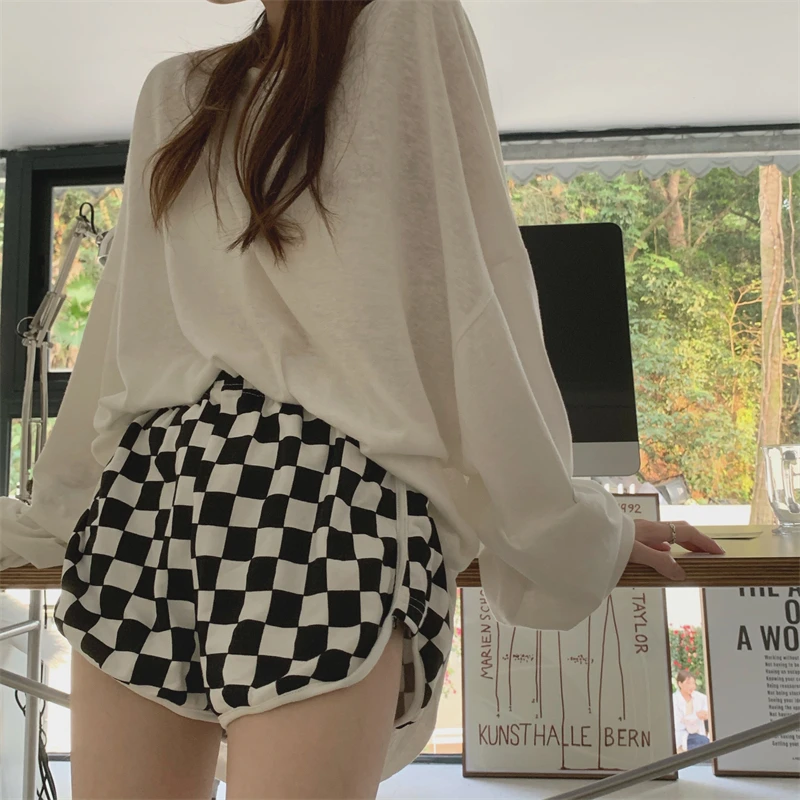 High Waist Slim Tights Sexy Stretch Checkerboard Plaid Short Summer Fashion Women Hot Pants Exercise Jogging Fitness Swag Casual