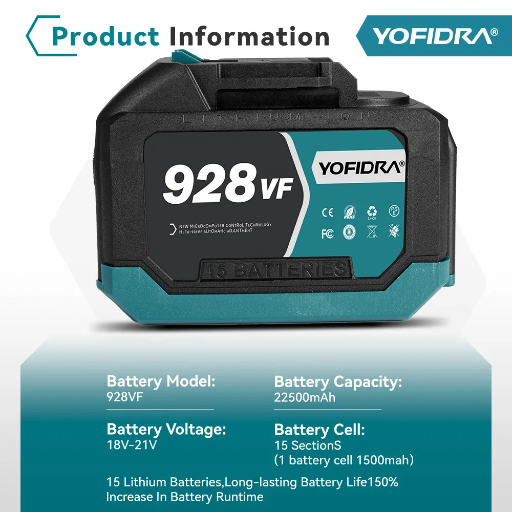 YOFIDRA 388VF 928VF литиевая аккумуляторная батарея 22500 мАч 15000 мАч литий-ионная батарея для электрической бензопилы, дрели, гаечного ключа, газонокосилки (art.: 3920cd87a272b) - 3920cd87a272b