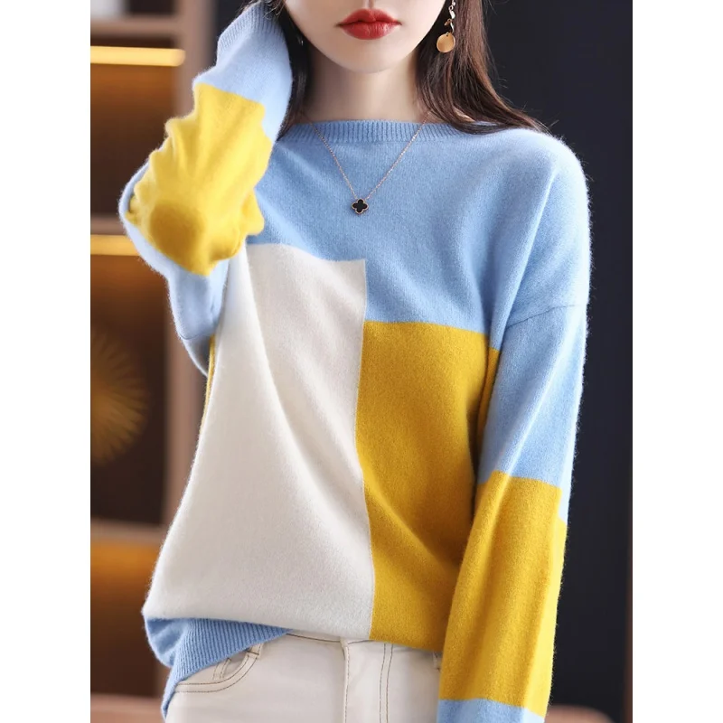 

BELIARST 100% Merino Wool Sweater Women Crew Neck Pullover Casual Knit Colorblock Tops Spring Autumn Fashion Cashmere Sweater
