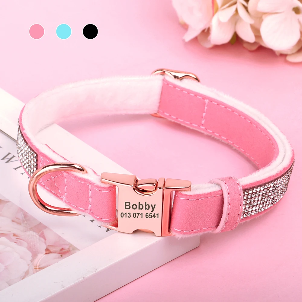 

Personalized Small Dogs Collar Soft Padded Velvet Pet Collars Custom Engraved Name ID Tag Adjustable for Small Medium Dogs Cats