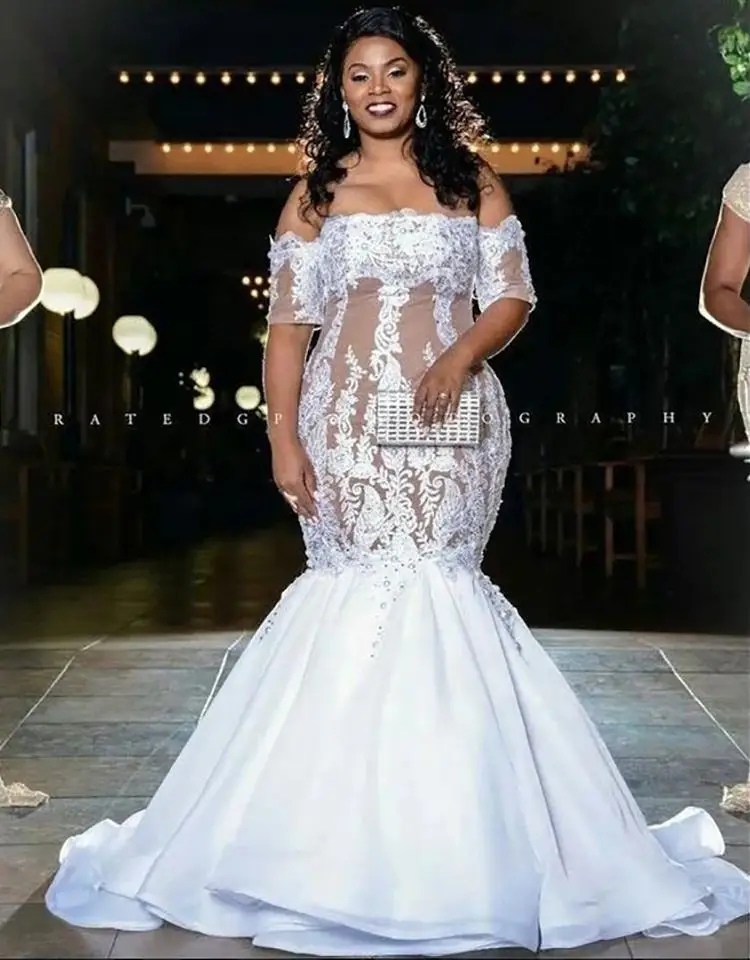 

Fashion Off Shoulder Mermaid Wedding Dresses Plus Size Beaded Custom Made Wedding Gowns 2023