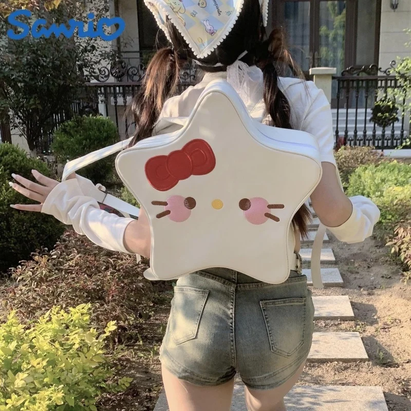 

2023 Sanrio Y2k Hello Kitty Backpack Kawaii Melody Pom Pom Puri Backpack Star Bag Fashion Pu Schoolbag Birthday Girl Gift