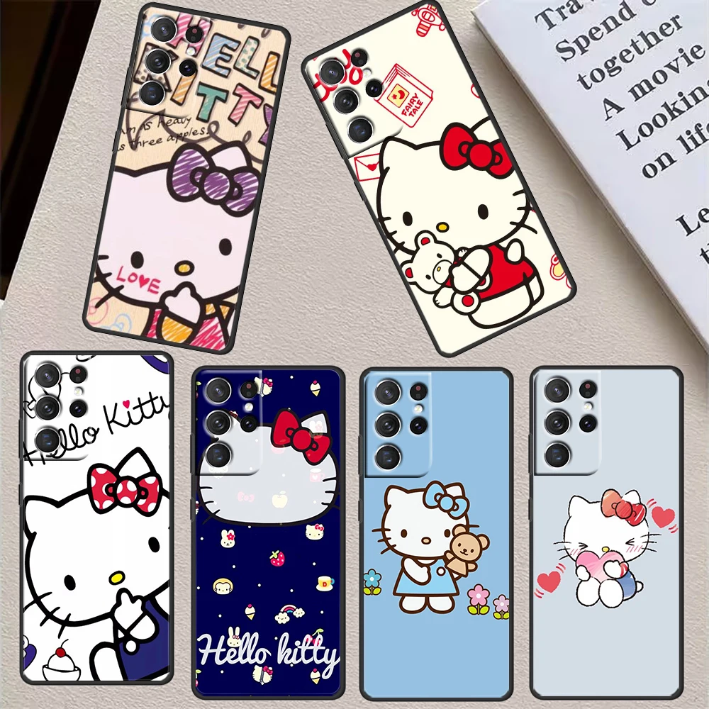 

Cartoon Cute Hello Kitty For Samsung S23 S22 S21 S20 FE Ultra Pro Lite S10 S10E S9 Plus 5G Soft Black Phone Case Cover
