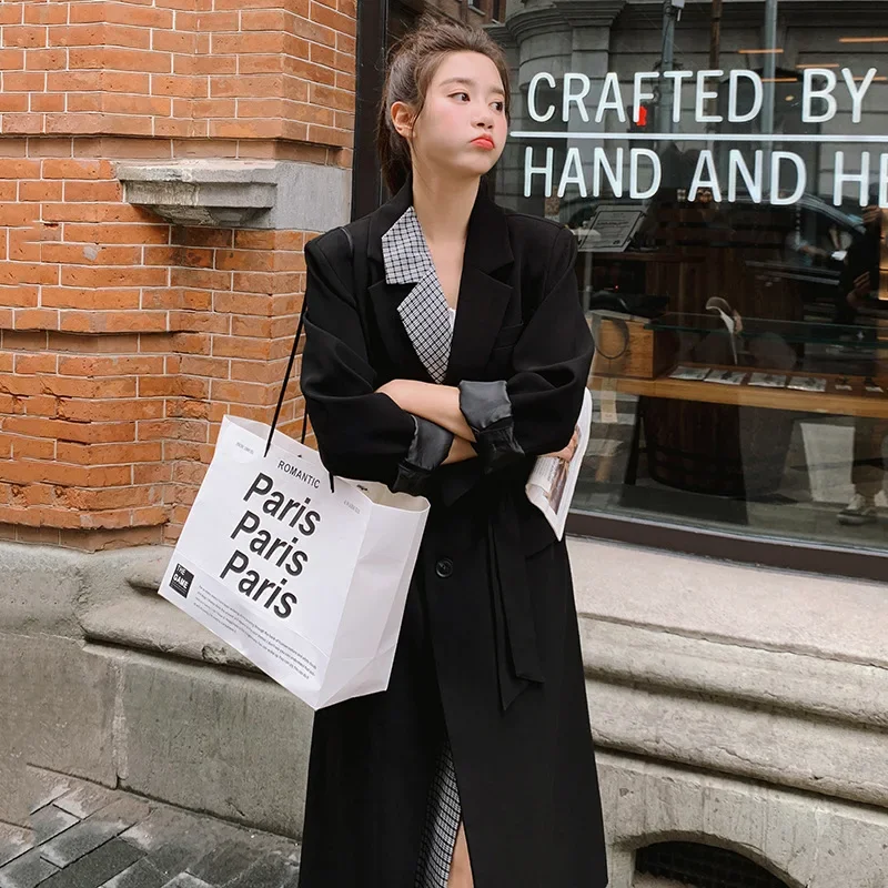 SuperAen 2024 модный однобортный длинный ветровка в клетку Корейском стиле