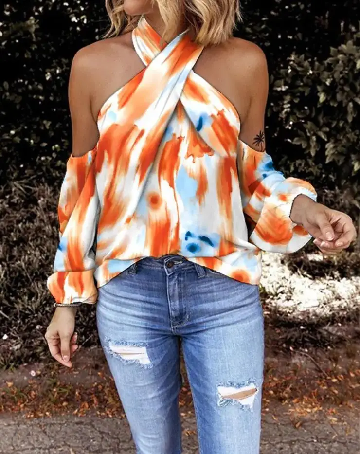 

Summer Blouse Woman 2022 Tie Dye Print Crisscross Halter Cold Shoulder Top Elegant Feminine Long Sleeve Shirts Elegant for Party