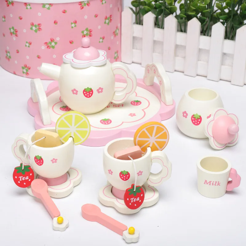 

Play House Kitchen Wooden Children's Toys White Afternoon Tea Set Simulation New Strawberry Toys Children's Educational Toys