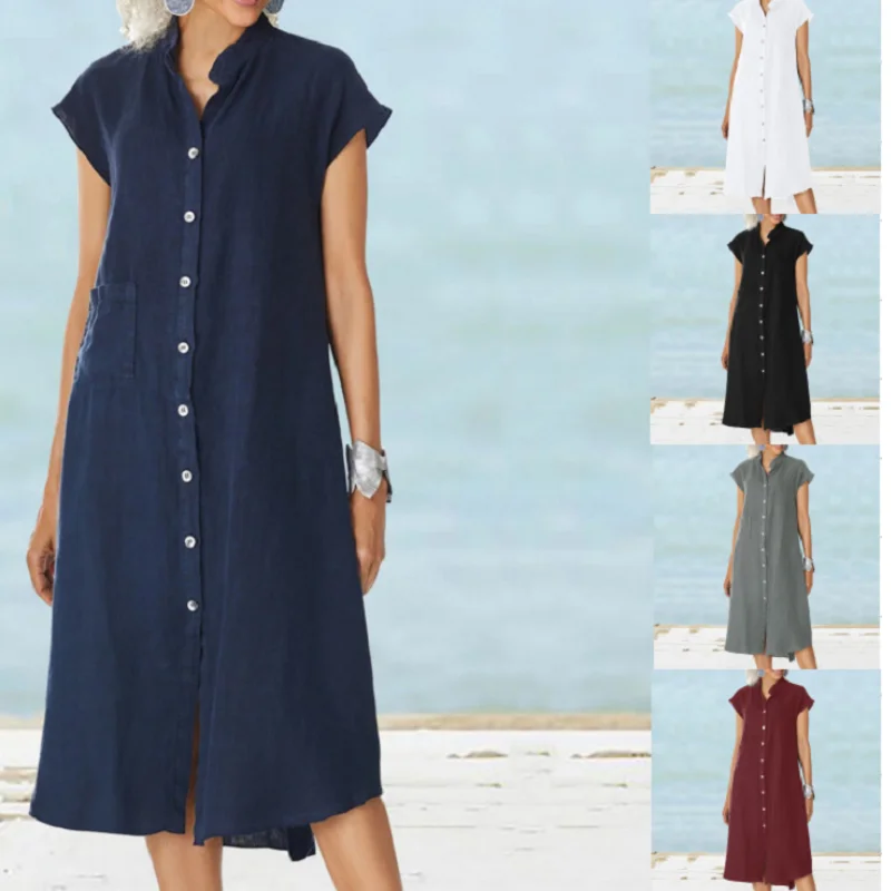 

Vintage New Women's 2023 Solid Color Sexy Standing Neck Single Breasted Casual Dress Fashion Pocket Plus Size Panel Dress