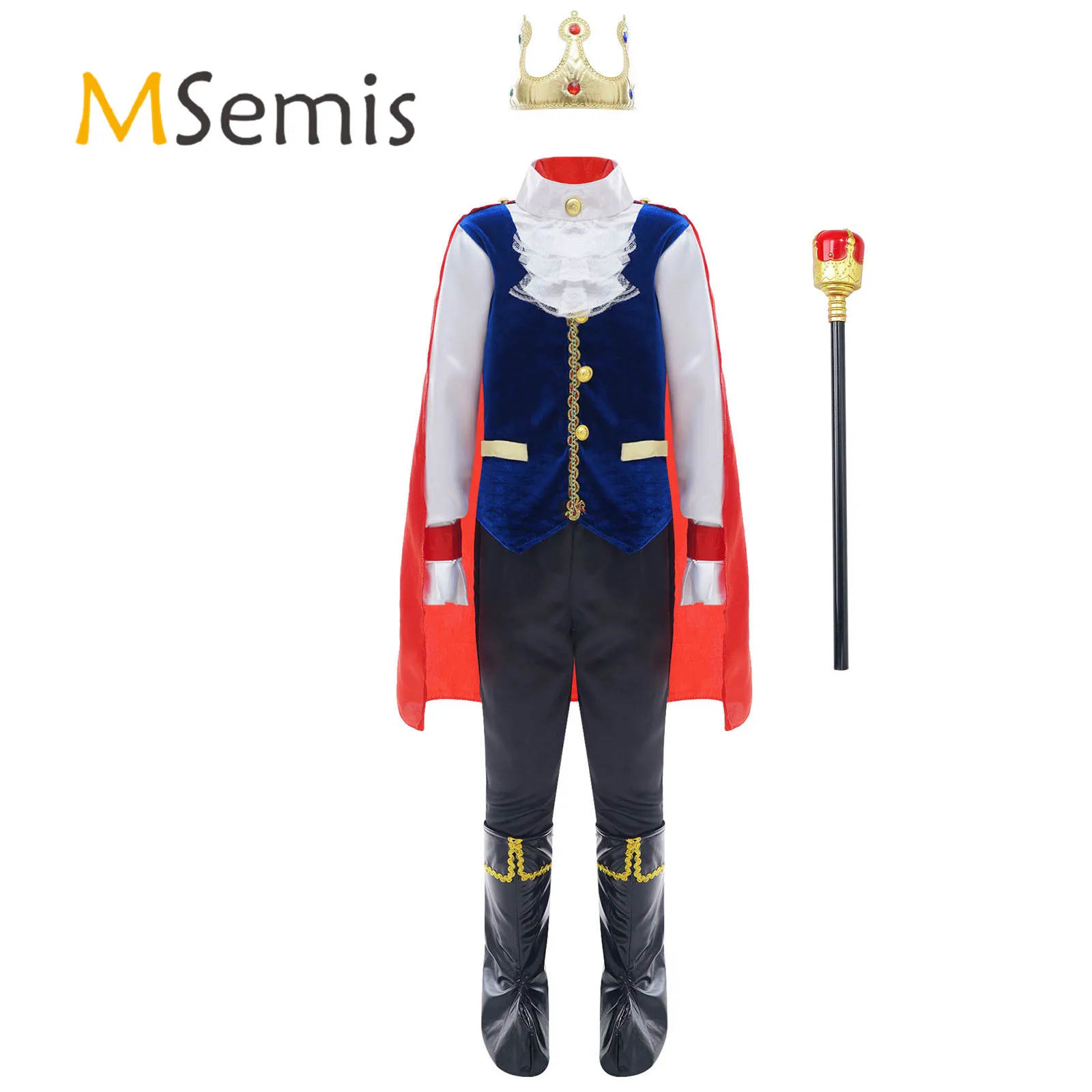 

Kids Boys Halloween Prince King Cosplay Outfits Crown Scepter Shirt Cape Wristbands Tiered Lace Collar Pants Shoes Covers Suit
