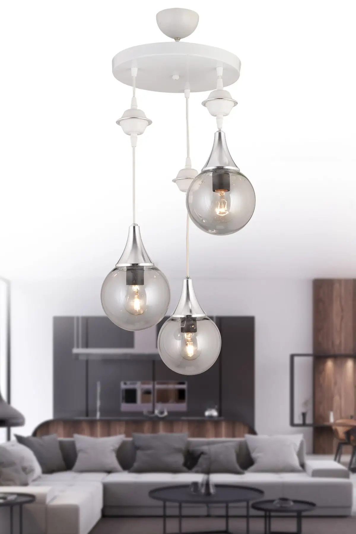 

Белая люстра Sarkit 3'lu Smoke Glop Top Camli Chrome Asagi