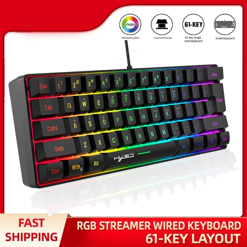 

V700-Wired Gaming Keyboard 61 Keys Multi-Color RGB Illuminated LED Backlit Quick-Response Wired Ultra-Compact Keypad
