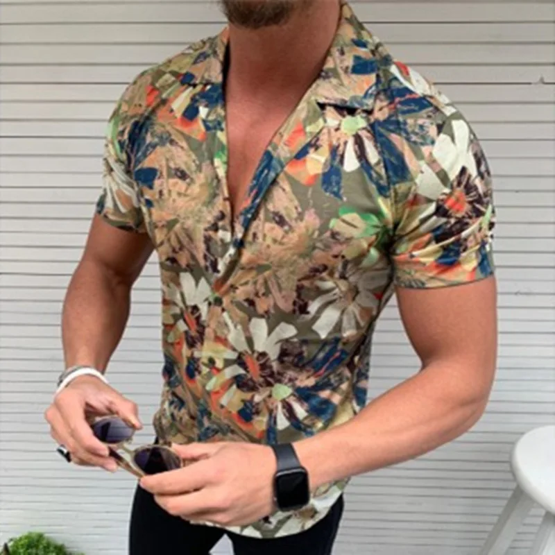 Men Shirt Top Summer Fashion Print Slim-Fit Cardigan Shirt Men Casual Short Sleeve Single-Breasted Turn-Down Collar Shirt