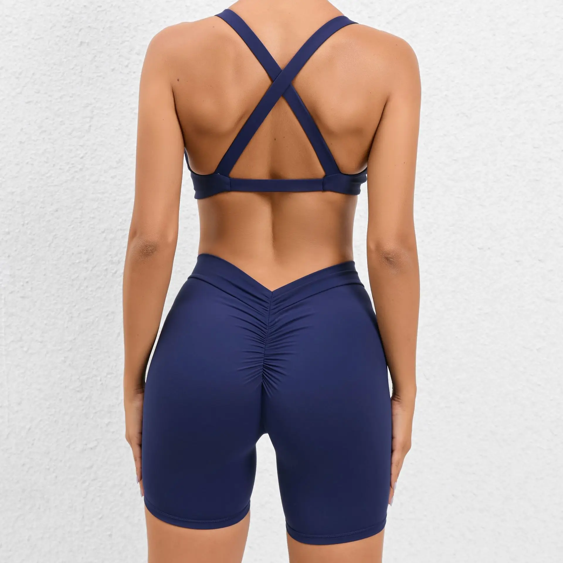 

Seamless Yoga Sets Sports Fitness High Waist Hip-Lifting Shorts Cross Backless Bra Suits Workout Gym Leggings Set for Women