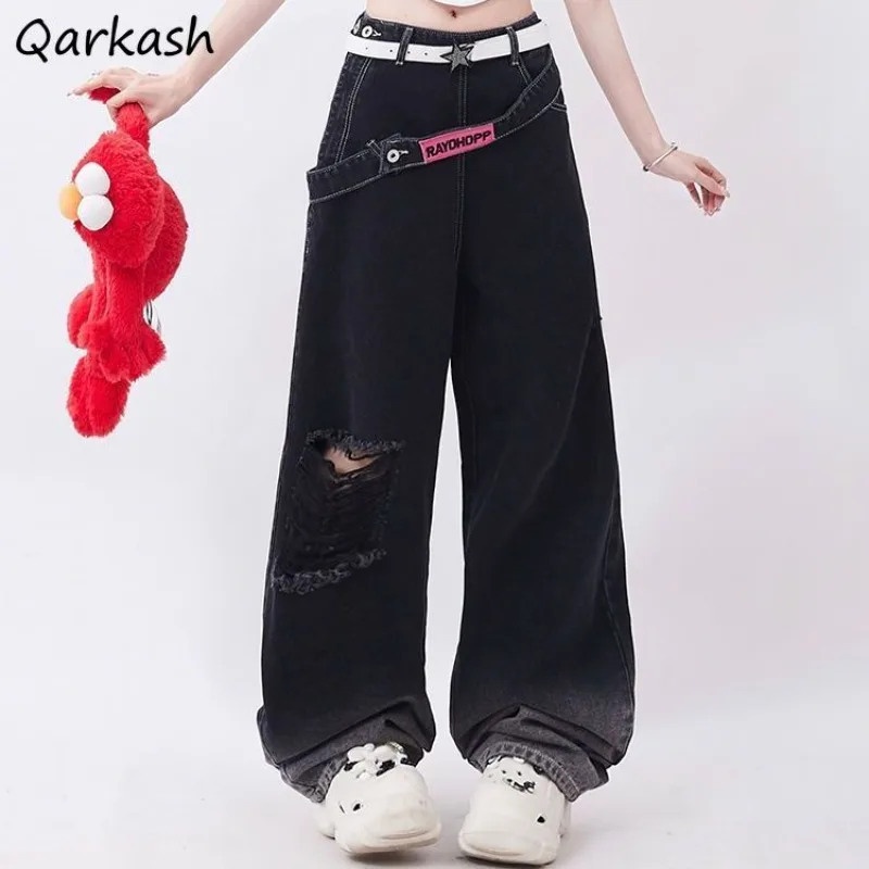 

Черные мешковатые Джинсы, женская уличная одежда, рваные американские дизайнерские Джинсовые брюки с широкими штанинами, модные хип-хоп Джинсы, Y2k одежда