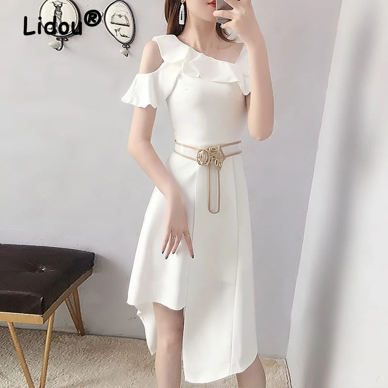

Sexy Off Shoulder Belt Elegant Asymmetrical Midi Dress Women Summer Vintage Fashion White Slim Short Sleeve Ladies Party Dresses