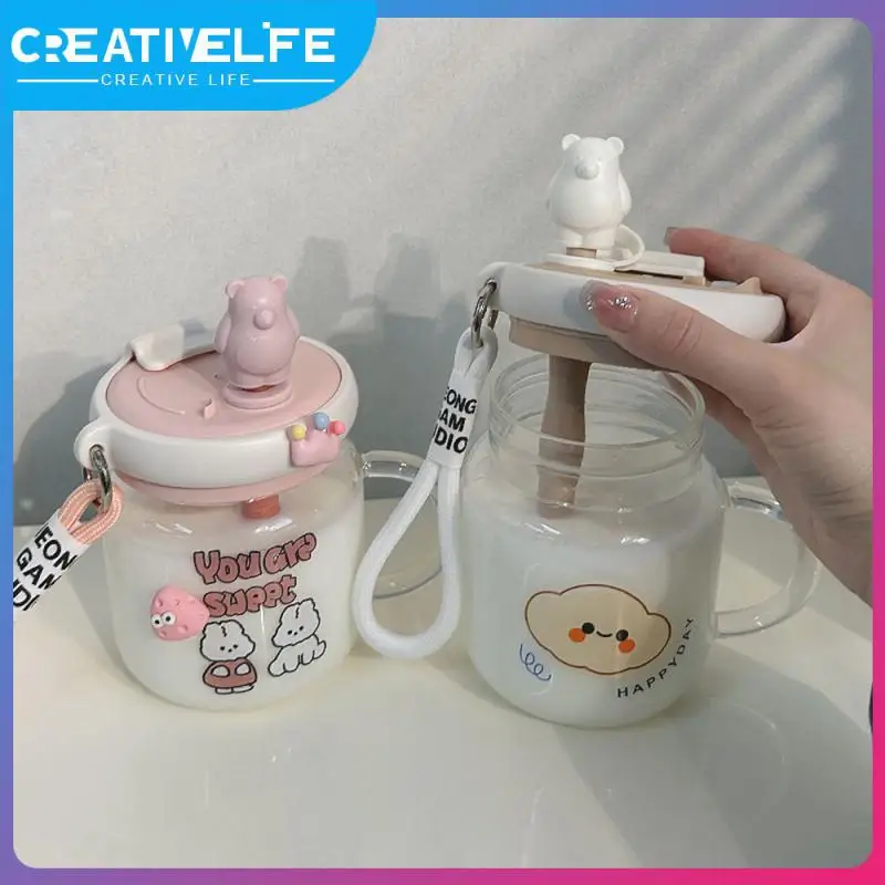 

With Handle Coffee Cup With Straw Cute Glass Coffee Water Cup Drinking Utensils High Temperature Resistance Mixing Cup Sippy Cup