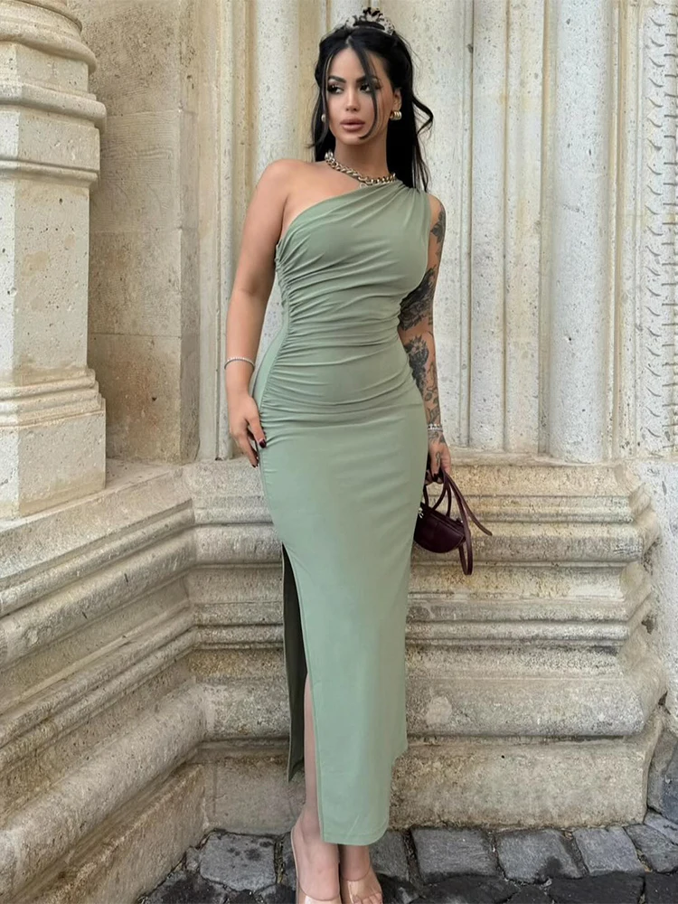 Длинное облегающее платье с Боковым Разрезом открытой спиной и высокой талией