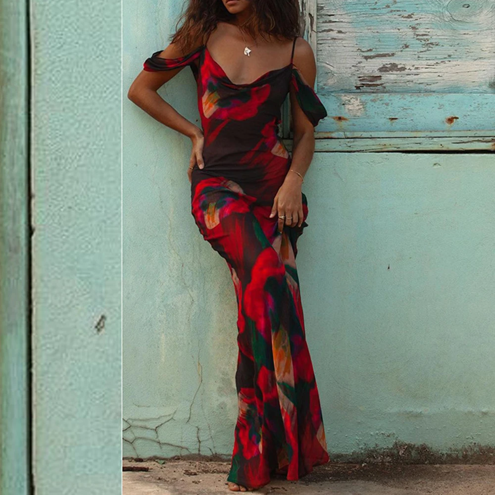 

Женское вечернее платье на бретельках, элегантное Сетчатое платье с воротником-лодочкой и красным принтом, одежда для клуба и вечеринки на ...