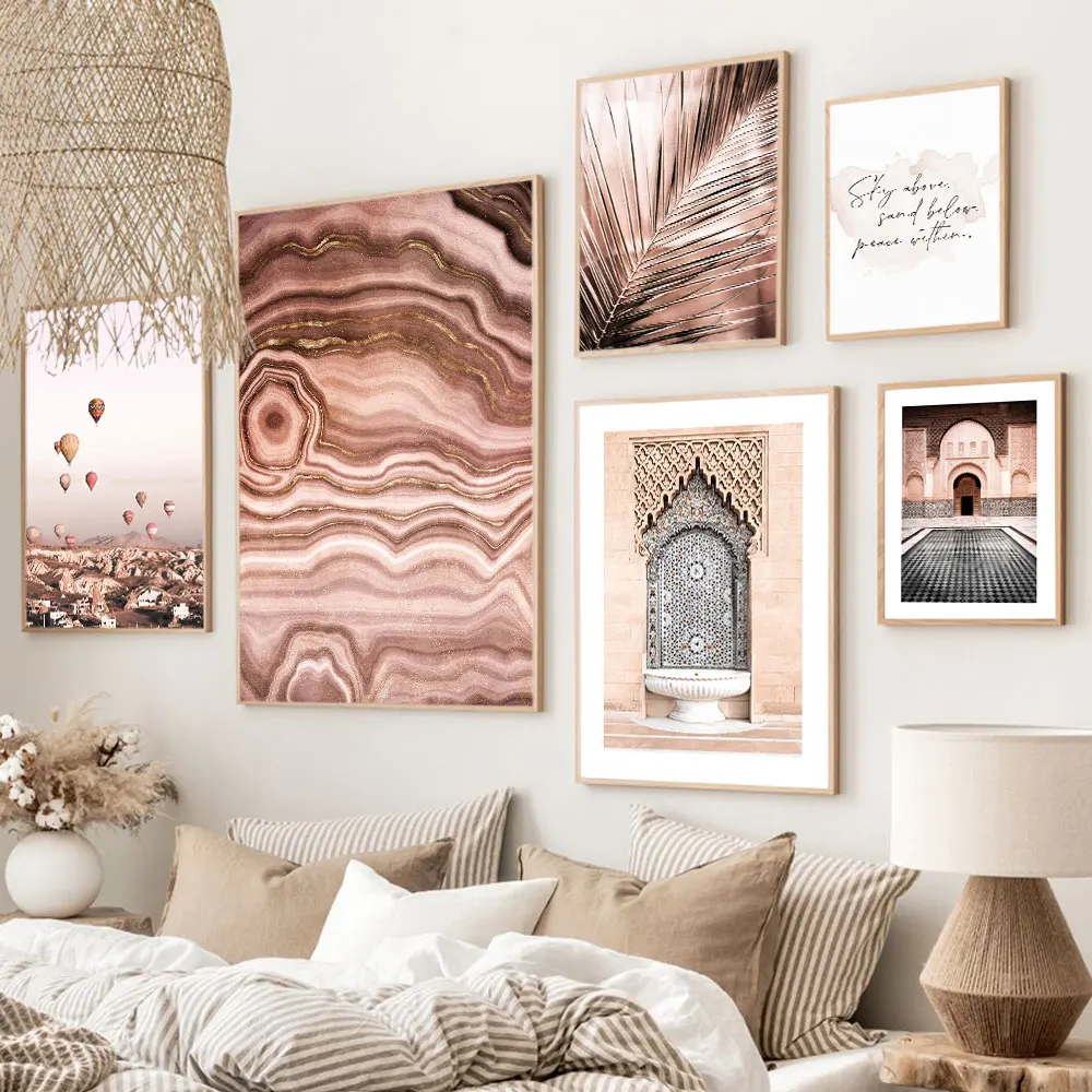 Исламская архитектура Марокко - винтажный постер с цитатами на холсте, современная картина искусства с золотыми листьями для украшения стены.