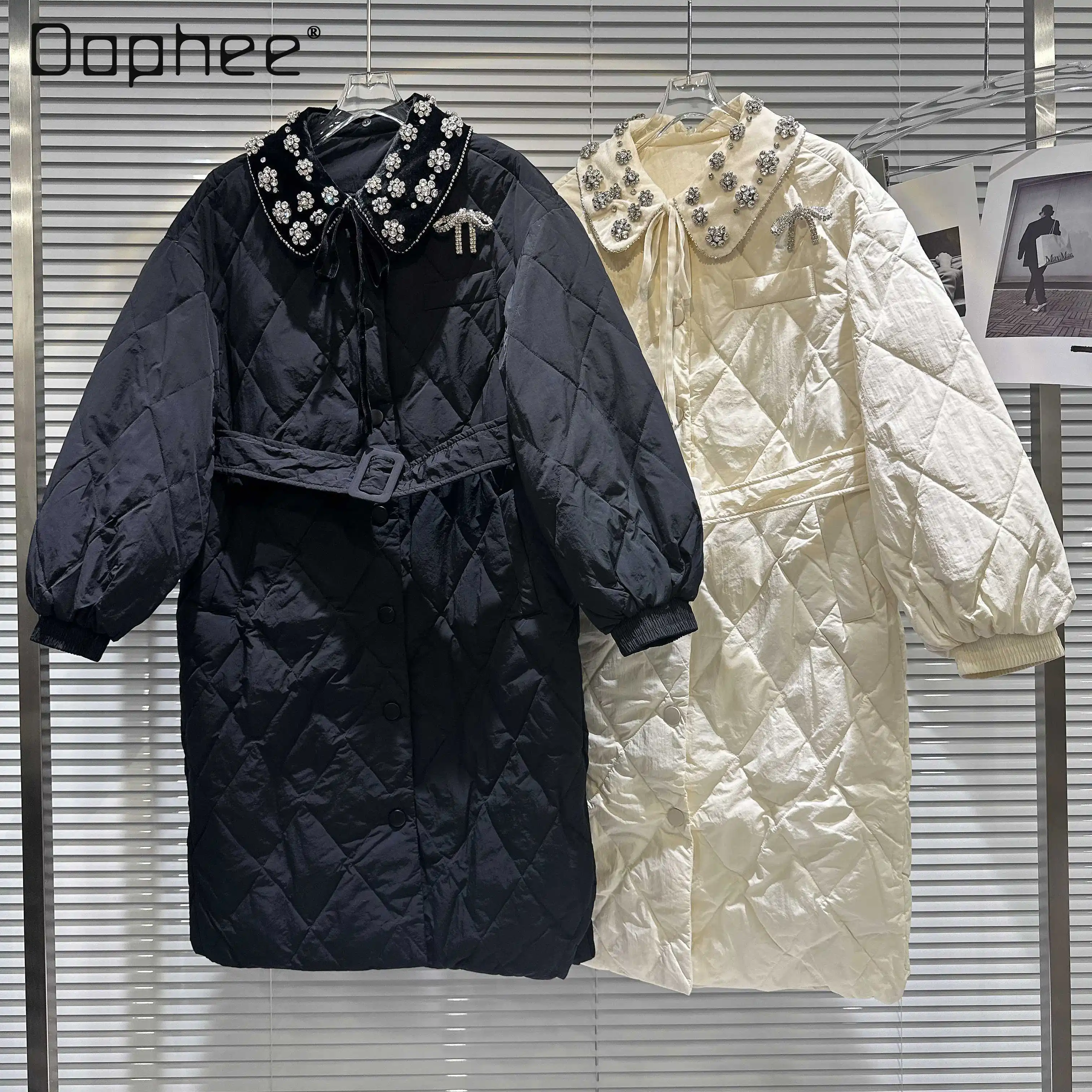 

Женское длинное хлопковое пальто в клетку, с воротником из бисера, зима 2023