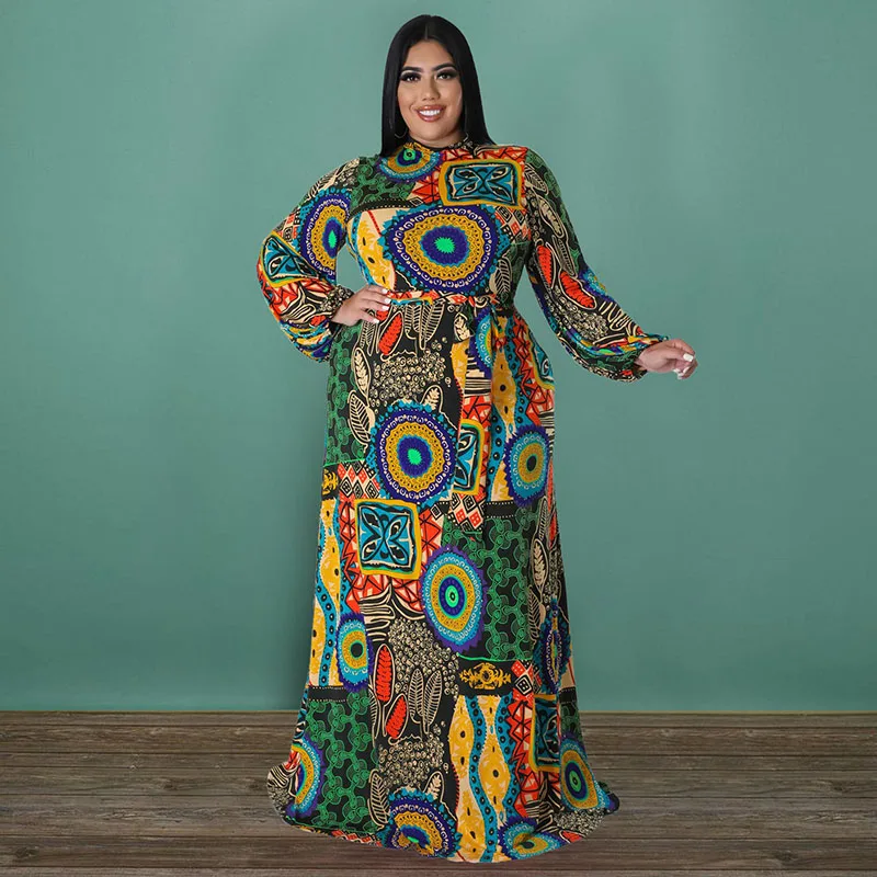 

Folk Custom Plus Size Women's Dress Printing Round Collar Tie Spring Autumn Party Dress 2022 New Leisure Vacation Dress Hao