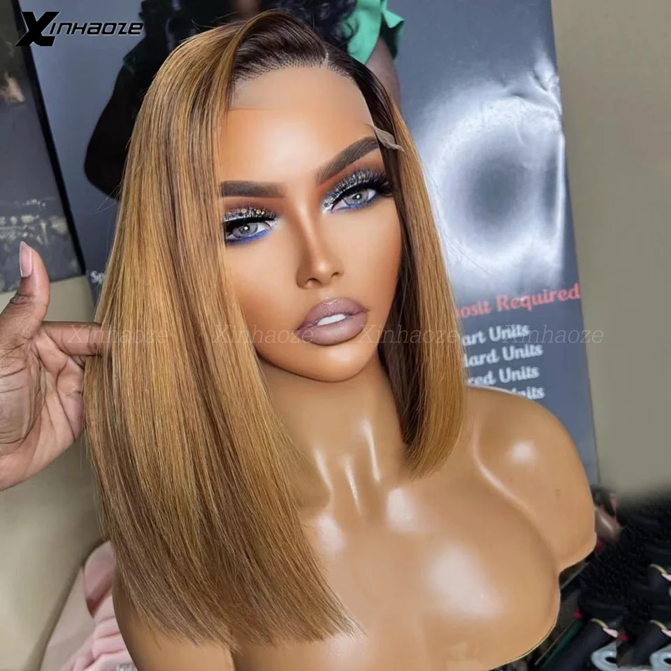 Short Ombre Honey Blonde Bob Wig With Baby Hair Side Part Straight 5x5 Silk Top Human Hair Wigs 1b27 13x6 Lace Frontal Wigs