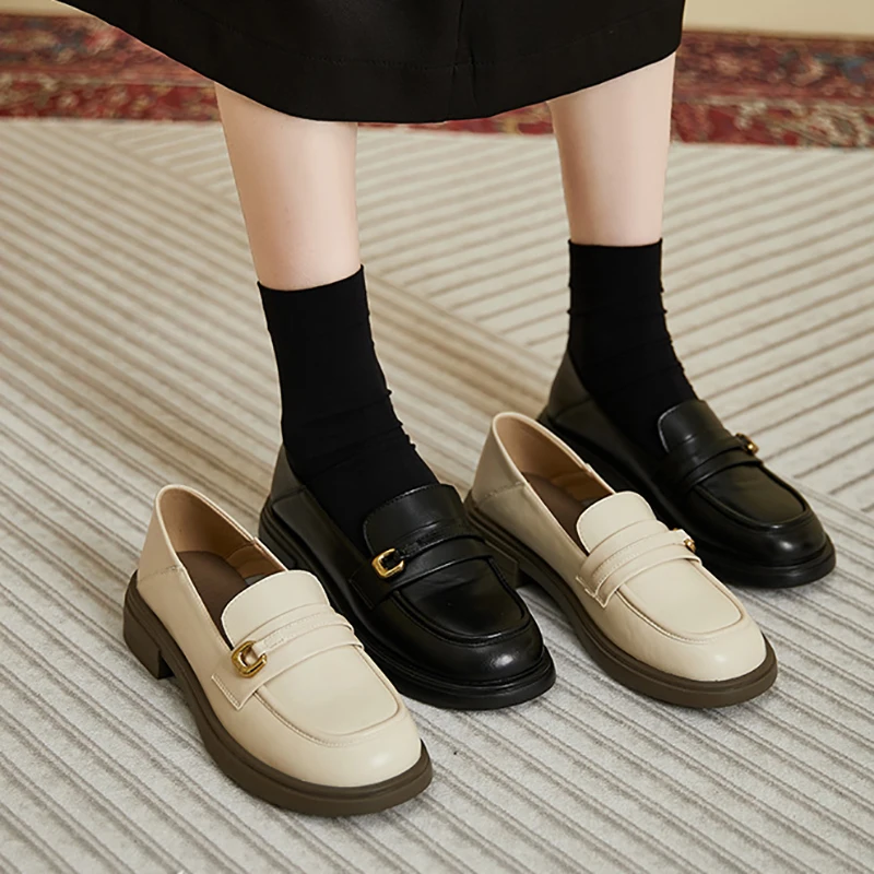 2023 Spring British Style Loafers Women Round Toe Chunky Heel Single Shoes Female Slip On Low Heel Casual Leather Shoes Woman