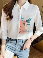 early spring white printed shirt women three quarter sleeve chiffon shirt designed thin shirt trend camisas mujer dropshipping