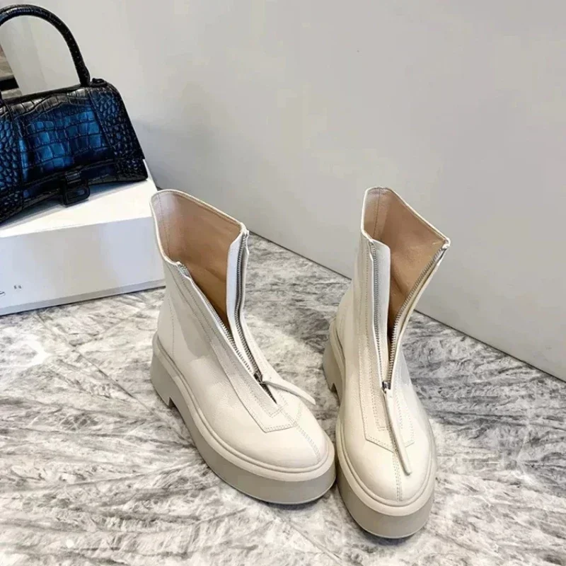 Женские кожаные ботильоны на толстой подошве молнии спереди осень/зима 2023 модные