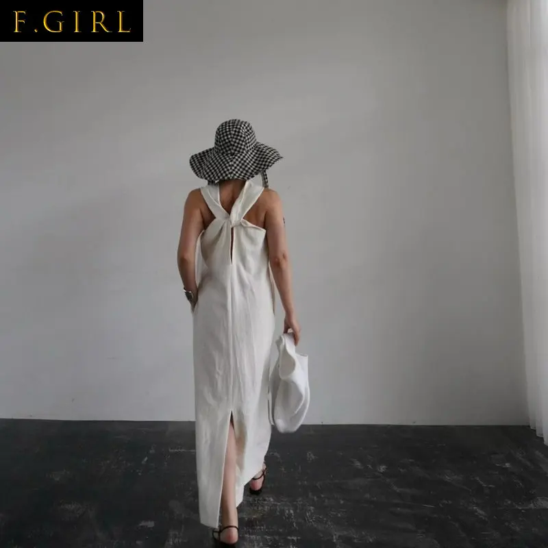 F GIRLS Retro Literary Style Design Sense Simple Dress Slim Thin Straight Long Vestidos Japanese Summer Sleeveless Femme Robe