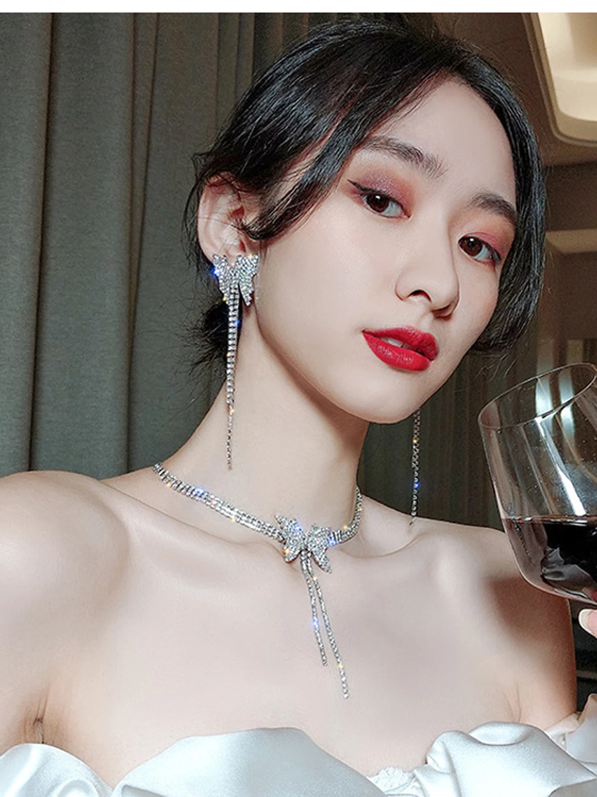 

Butterfly Necklace Set Clavicle Chain Full Rhinestone Tassel Choker Neck Accessories Jewelri For Woman