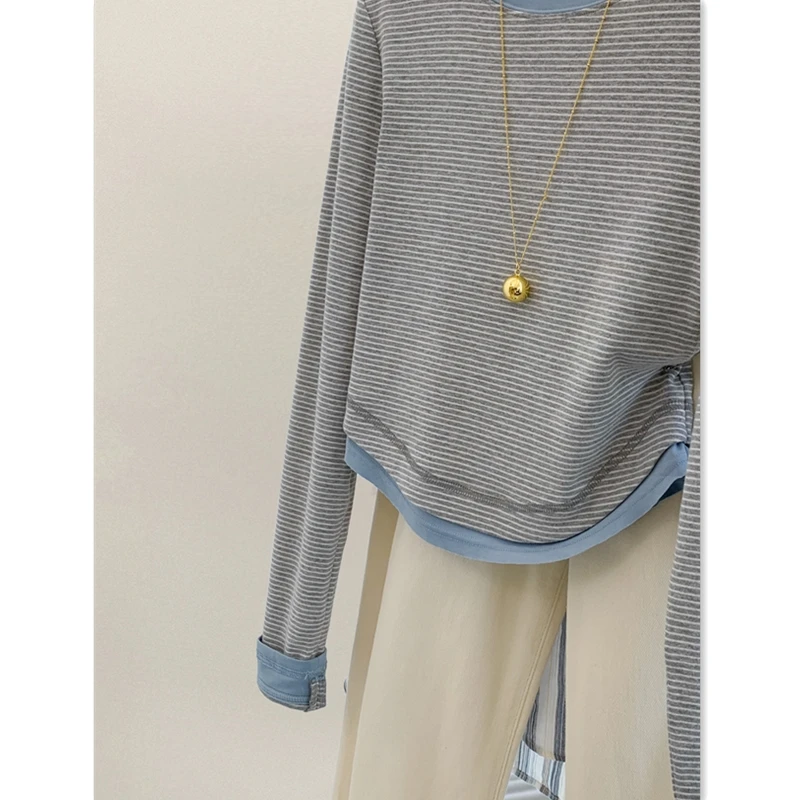 Plus Size ZDM Plus size 50.00kg Fake Two Pieces Stripe Short Long sleeves Shirt Women 2024 Autumn High-Grade Casual Bottoming...