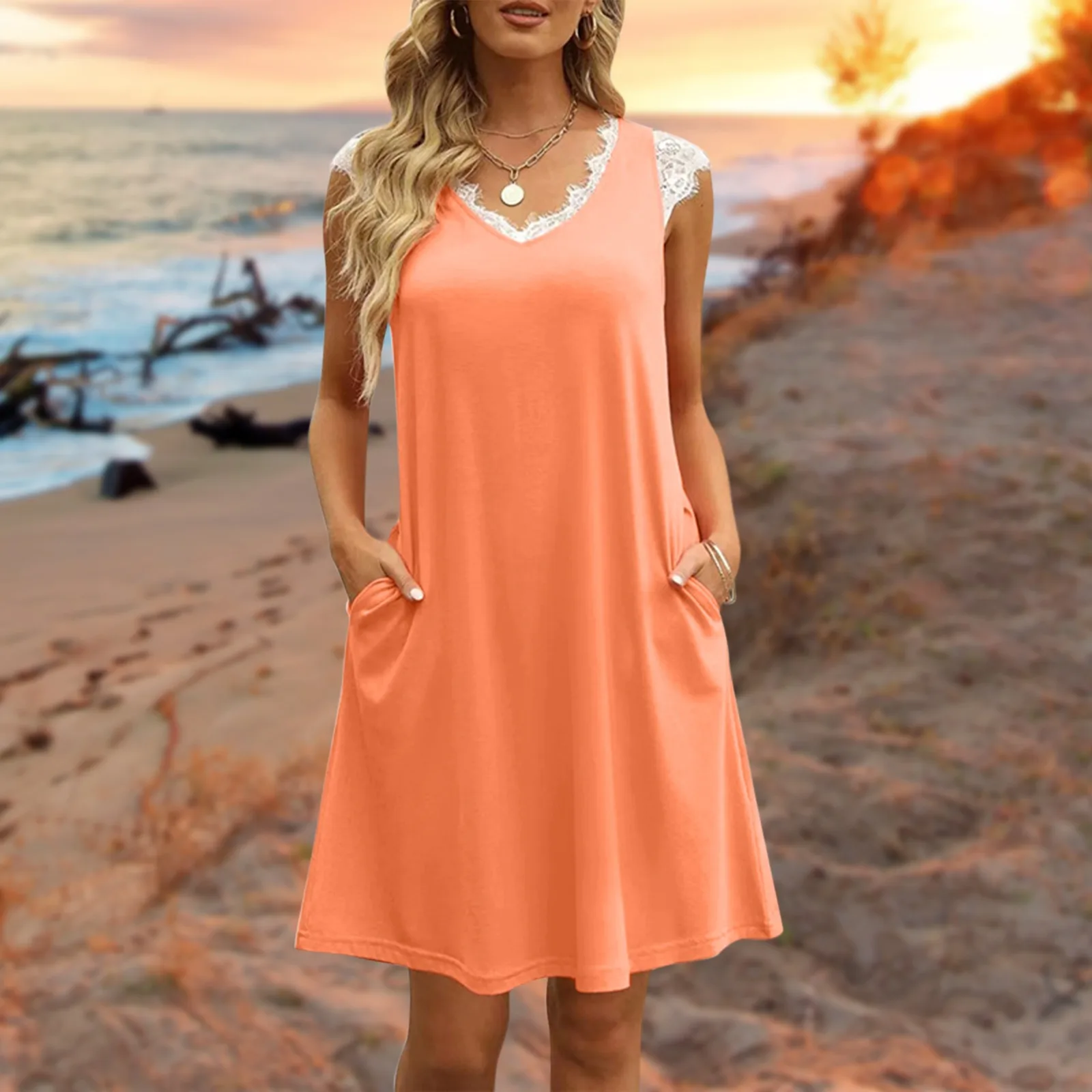 

Pencil Dress for Women Casual Women Fashion V Neck Lace Stitching Eyelash Lace Solid Color Dress Tunic Party Dress