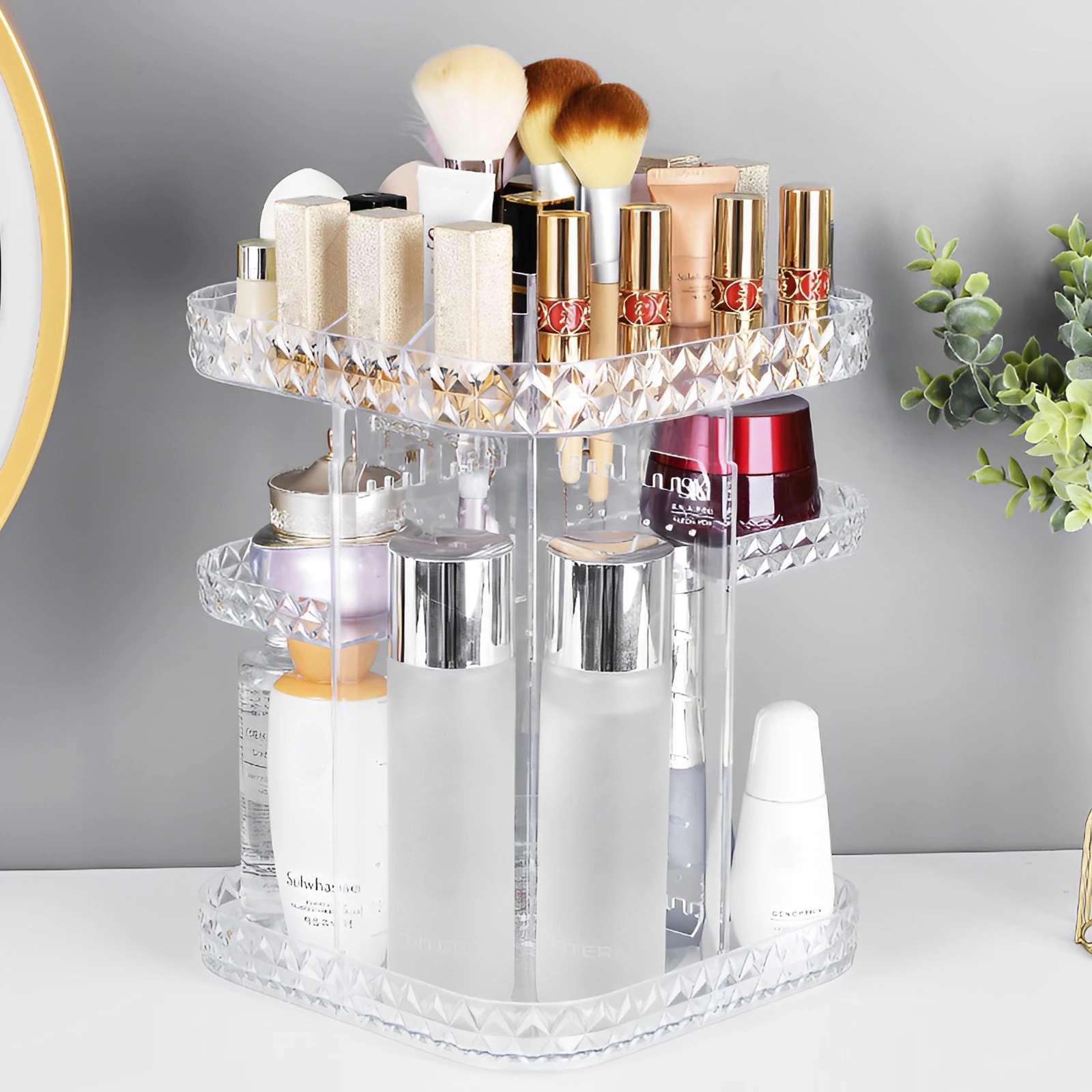 

Вращающийся органайзер для макияжа, вращающийся на 360 ° органайзер для ухода за кожей, регулируемый слой, коробка для хранения косметики, большая емкость, косметика