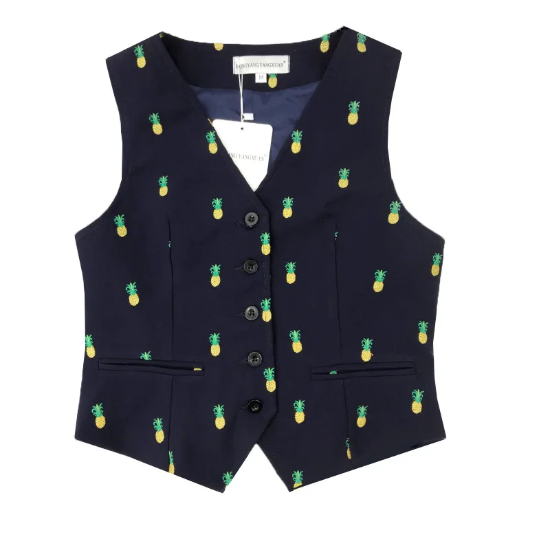

Black Chic Pineapple Print Vest Women V Neck Slim Single Button Spring Autumn Vest 2021 New Fashion Warm Large Streetwear