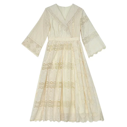 

For Dresses Women Vintage Legant Slim Sexy V-Neck Luxury Embroidery Lace Dress Korean Spring Summer Fall Long Dresses