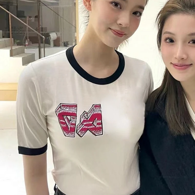 

2023 Spring and Summer New Color Contrast Alphabet Print Loose Crew Neck Casual Short Sleeve T-shirt Women