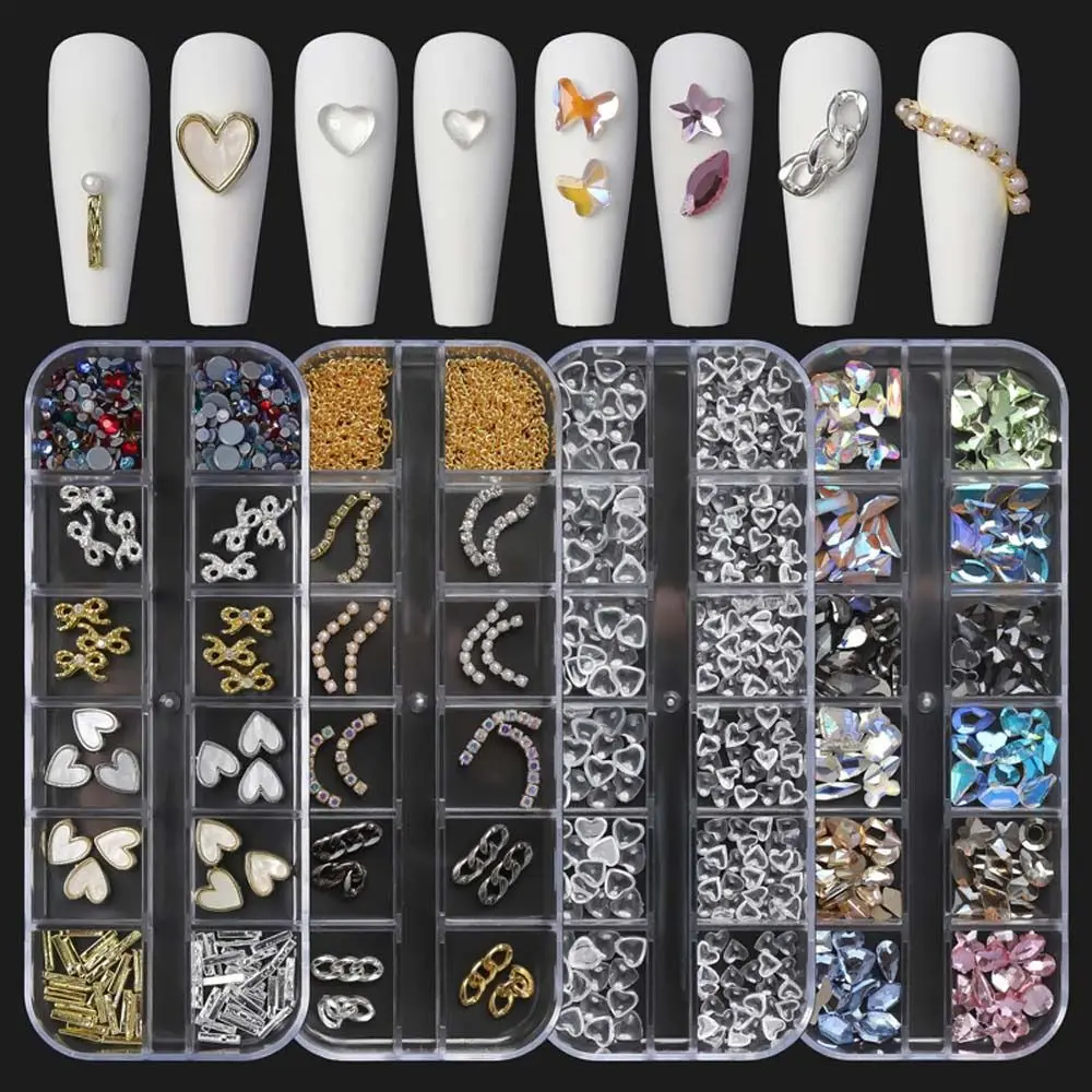 

12Grids Aurora Mixed Love Heart Nail Jewelry Flat Bottom 3D Nail Drills Pearl Nail Rhinestones Manicure Accessories