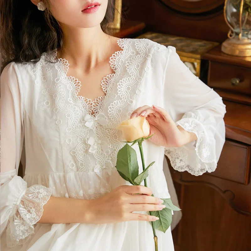 Long sleeve modal nightdress women's Spring Court style mesh Princess embroidered lace household clothes can be worn outside