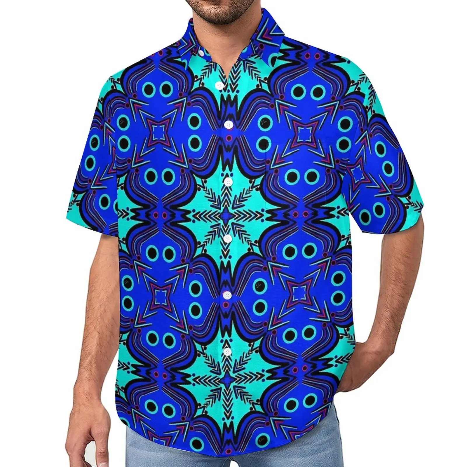 

Geo Print Casual Shirt Blue Mandala Vacation Loose Shirt Hawaiian Fashion Blouses Short-Sleeve Graphic Oversized Top