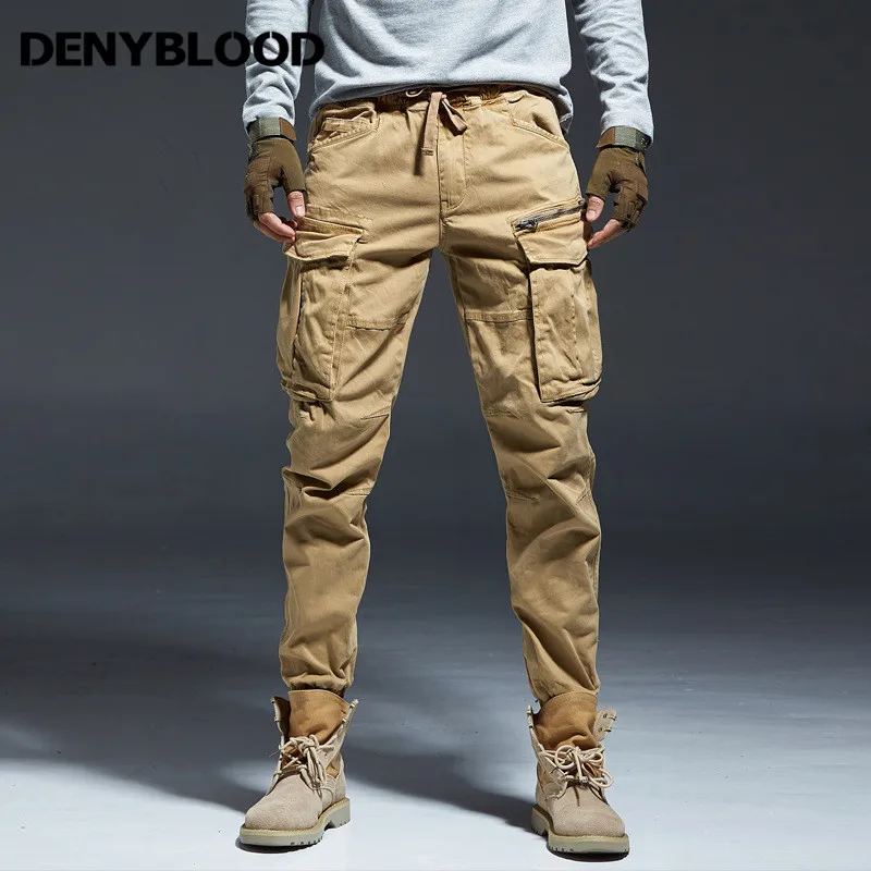 Denyblood Jeans Mens Cargo Pants Cotton Spandex Military Mid Waist Regular Stone Washed Casual Pants 696